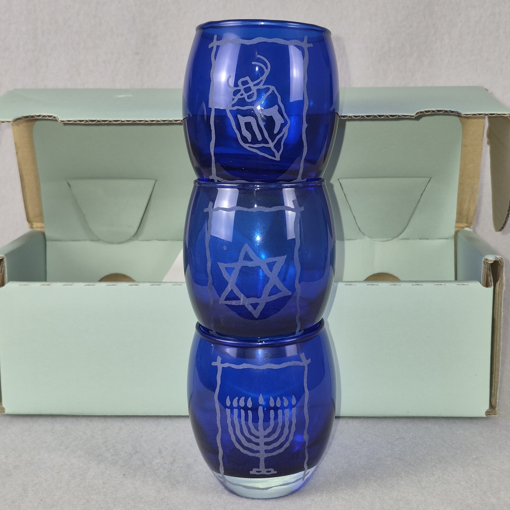 PartyLite Blue Glass Hanukkah Candleholders Star of David Menorah Etched  Glass
